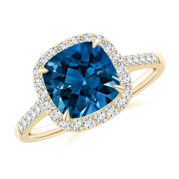 ANGARA Natural 2.4 ct London Blue Topaz & Diamond Halo Ring in 14K Yellow Gold for Women (Size-8mm) | November Birthstone, Anniversary, Jewelry Gift for Women | Natural London Blue Topaz Ring