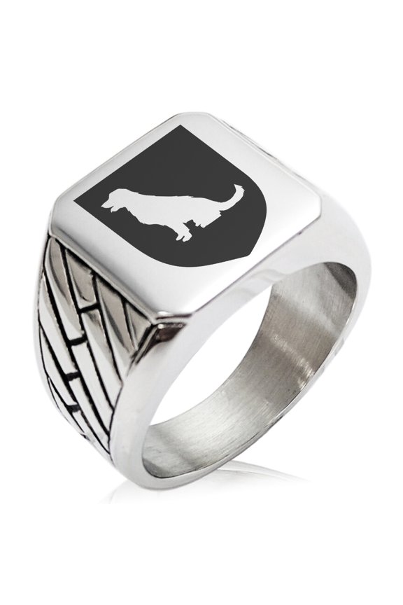 Stainless Steel Dog Loyalty Coat of Arms Shield Geometric Pattern Biker Style Polished Ring