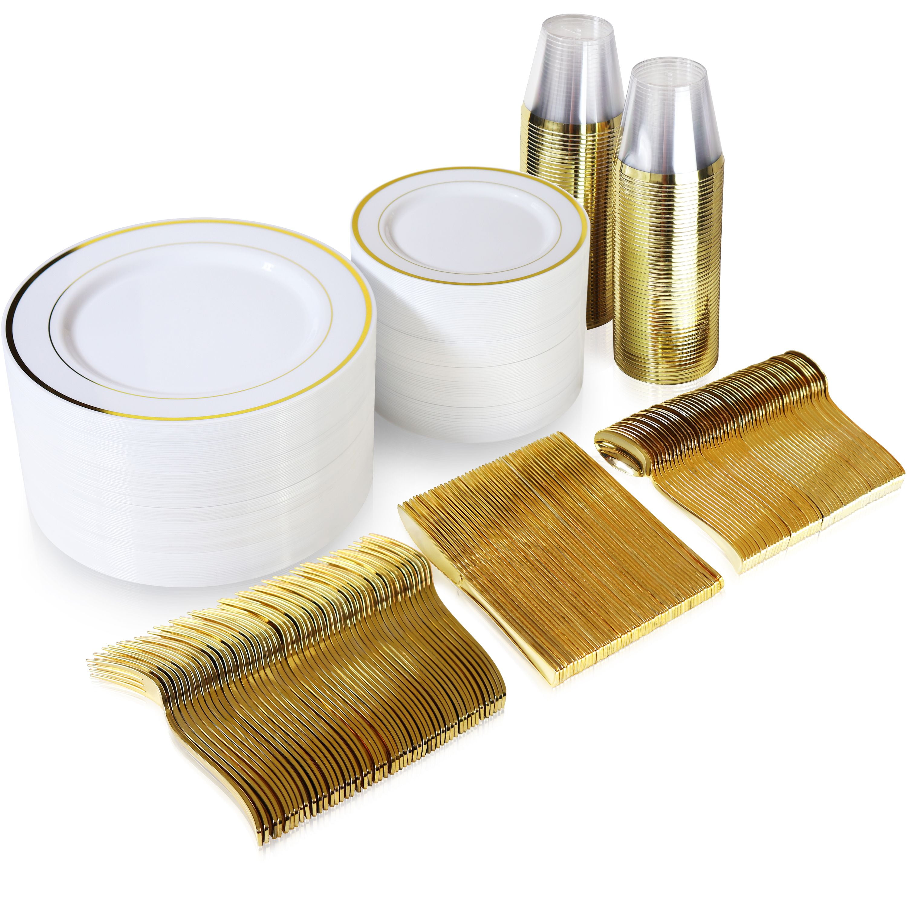 Gold Plastic Dinnerware Set 600 Pieces Up to 100 Guests Cups & Cutlery Plates 