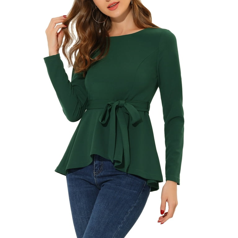 Unique Bargains Women's Long Sleeve Knit Stretch Tie Waist Flare Peplum Top  