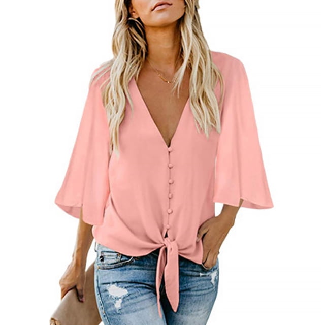 Sonducket Camisa de mujer Color sólido Manga larga Botón Solapa Blusa casual Prendas para la parte del cuerpo Rosa S