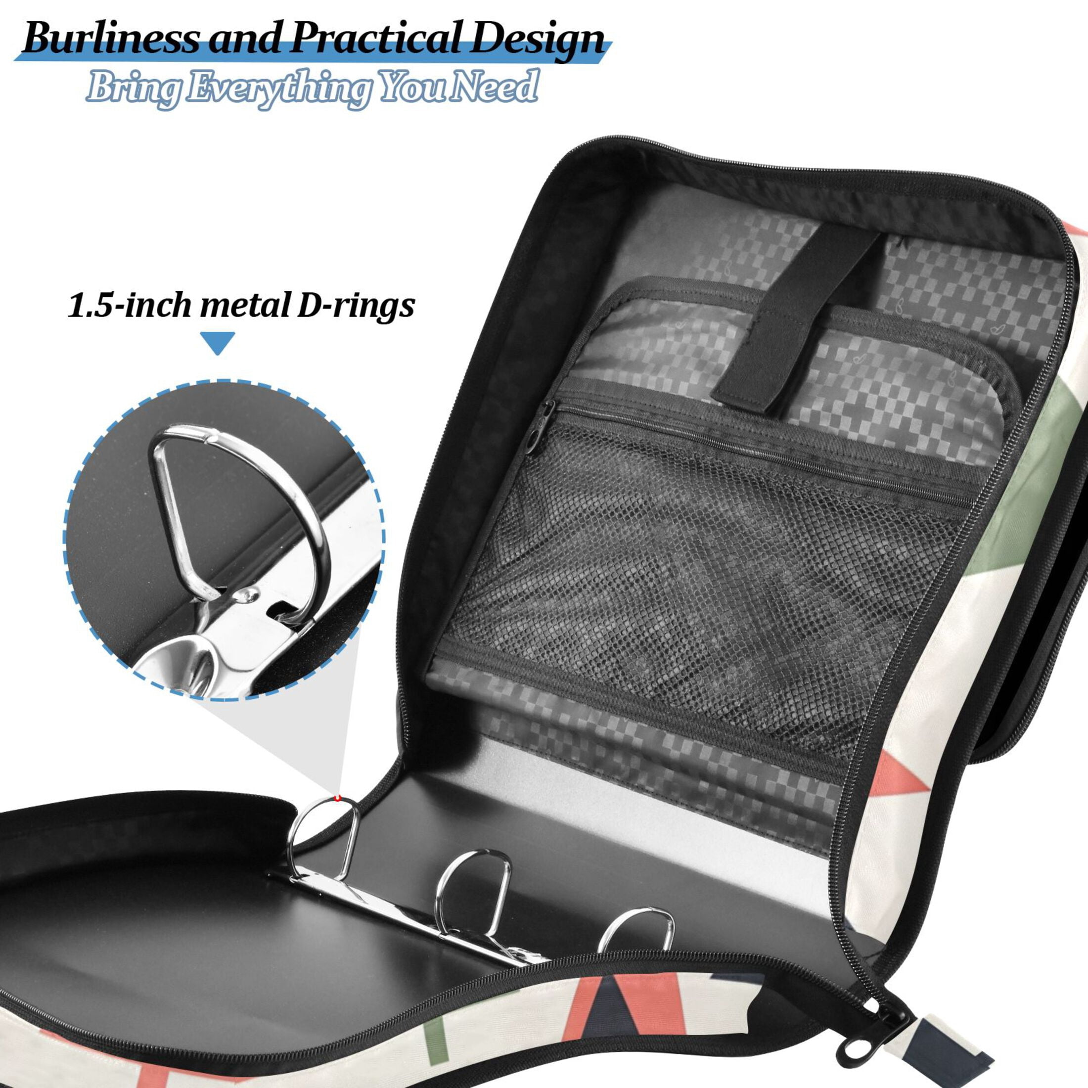 3 Ring Zipper Binder with Shoulder Strap Waterproof Trapper Keeper 2 Inch D-Ring 500 Sheets Capacity Colorful Triangular Tree