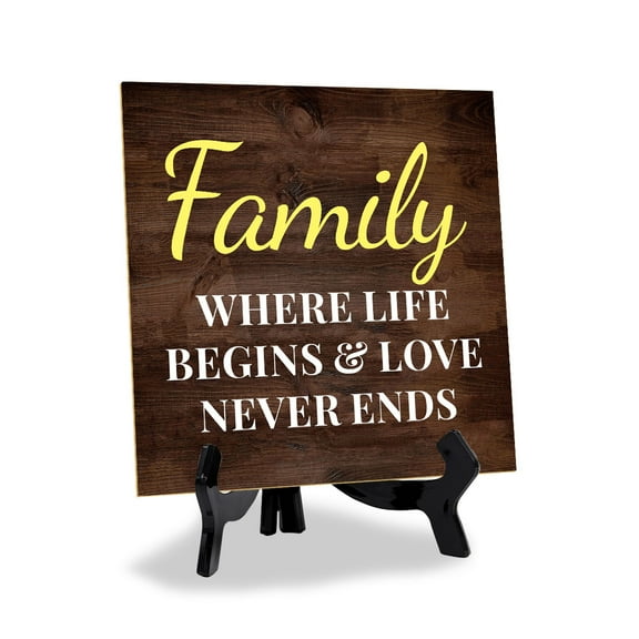 Family Where Life Begins & Love Never Ends 5"x 5" Square Table Sign With Acrylic Easel | Funny Home Décor