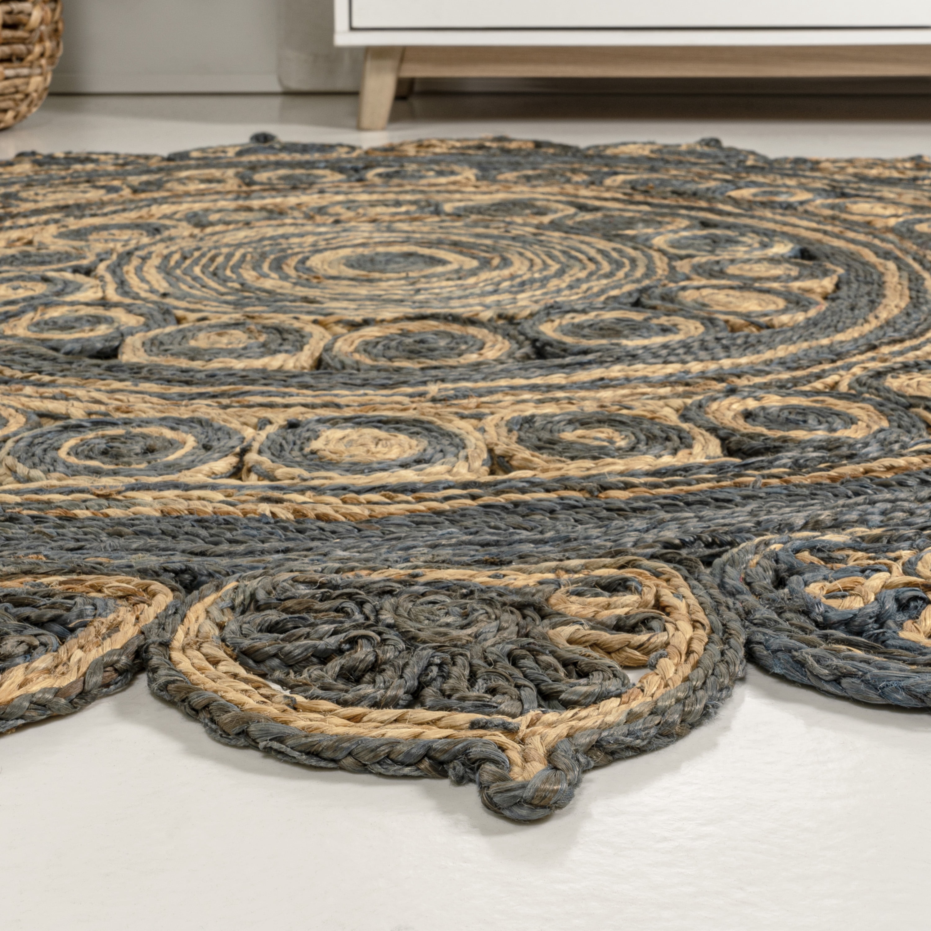 JONATHAN Y ANSA 4' Round Area Rug, Flora Medallion Bohemian Jute - Blue/Natural, RNF118A-4R