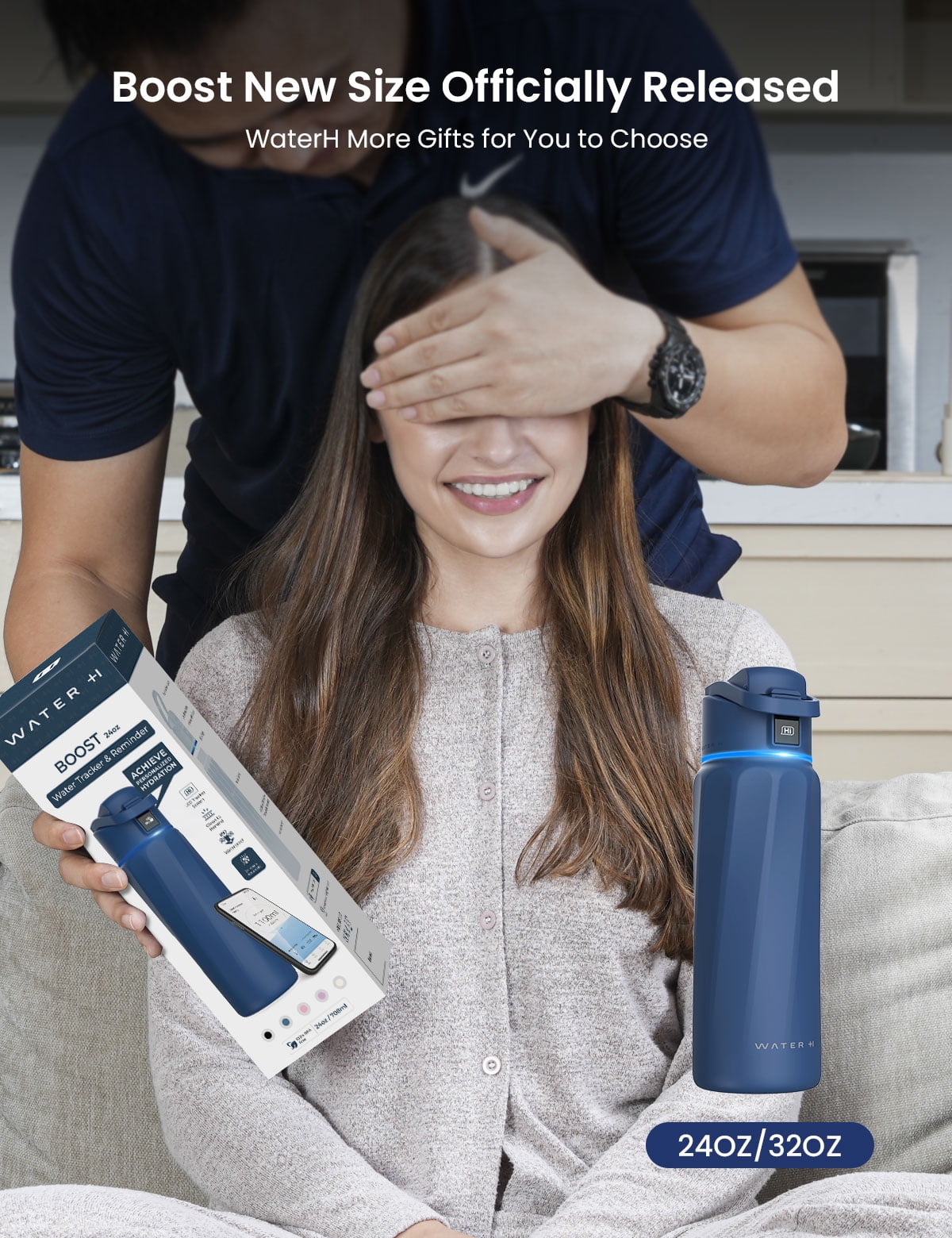 WaterH Boost 24 oz Magnetite Blue Stainless Steel Smart Water Bottle