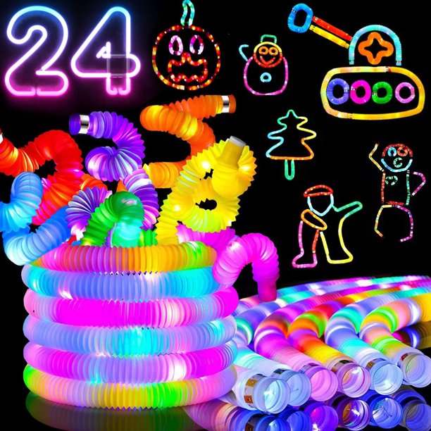 Jishi Glow Sticks Light Up Pop Tubes GRANDES, paquete de 8 juguetes sensoriales para inquietos, collares que brillan en la oscuridad, pulseras, decoraciones para fiestas navideñas de Halloween para ni