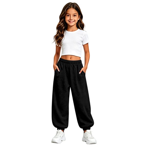 Little Girls pants Solid Color Trousers Winter Casual Sweat Straight Leg Fit Flowy Pants For Girls With Pocket Size 8-9T
