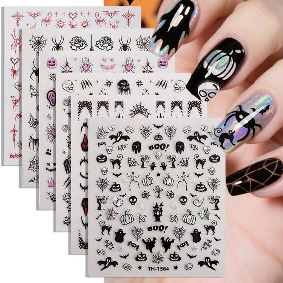 Yoyauz Halloween Nail Stickers 6PCS 3D Self-Adhesive Spider Web Bat Design, Used For Decorating Diy Nail Products For Halloween
