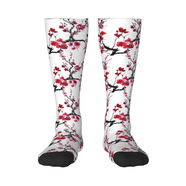 Fotbe Cherry Blossoms Calcetas Divertidas Estampadas para Hombre y Mujer, Calcetas de Algodón hasta la Rodilla para Caminar, Correr, Enfermería y Embarazo