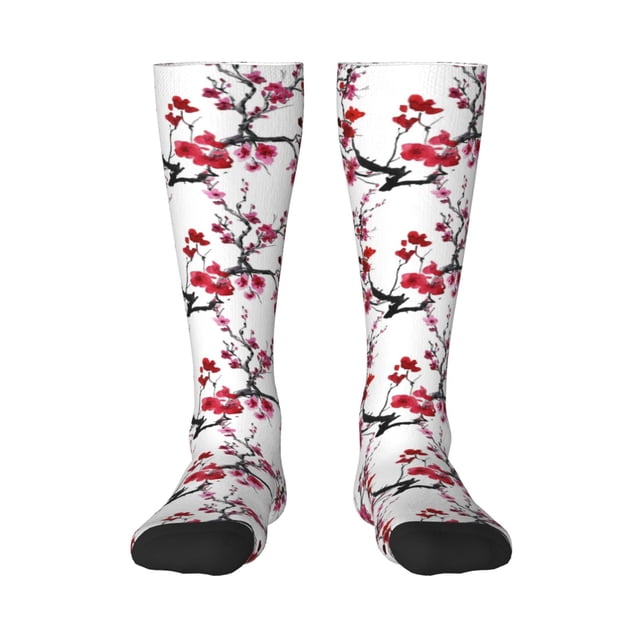 Fotbe Cherry Blossoms Calcetas Divertidas Estampadas para Hombre y Mujer, Calcetas de Algodón hasta la Rodilla para Caminar, Correr, Enfermería y Embarazo
