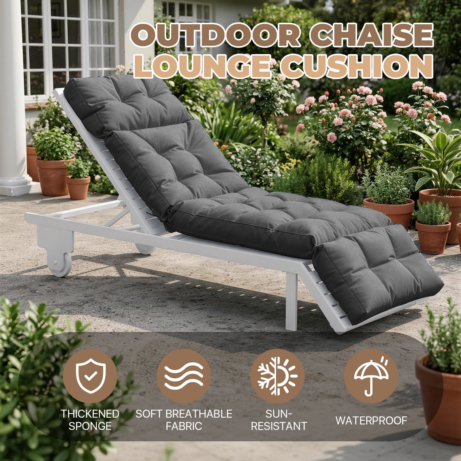 BaPiPro Upgraded 4-Segment Outdoor Chaise Lounge Cushion, All-Weather Recliner Pad with Secure Ties & Plush PP Cotton, for Patio, Poolside & Balcony, Gray