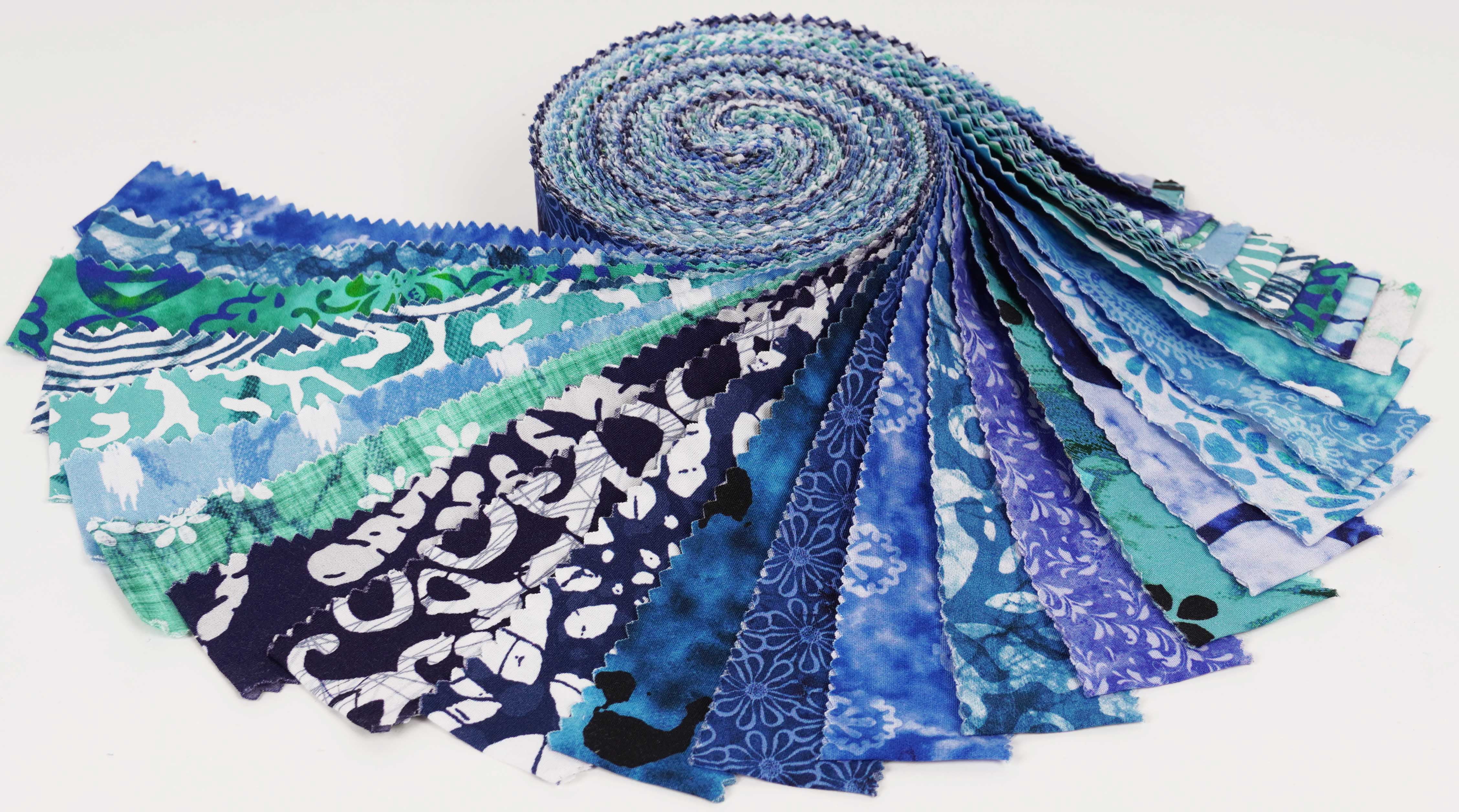 Soimoi 40Pcs Batik Print Precut Fabrics Strips Roll Up 1.5x42inches Cotton Jelly Rolls For Quilting - Sea Green & Blues