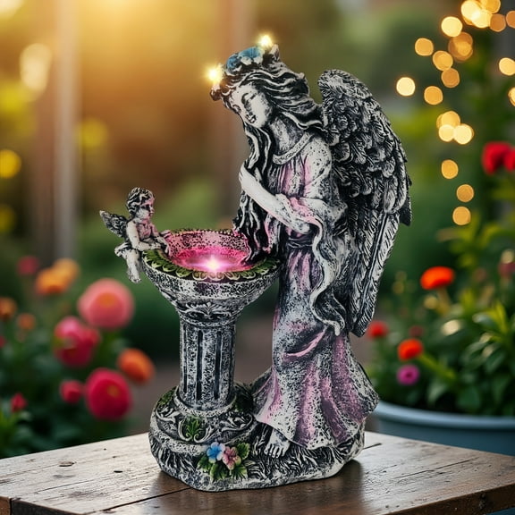 Solar Angel Figurine Lights Outdoor Waterproof Garden Statue with Color Changing Birdbath Fountain Fairy Garden Yard Decor for Outside