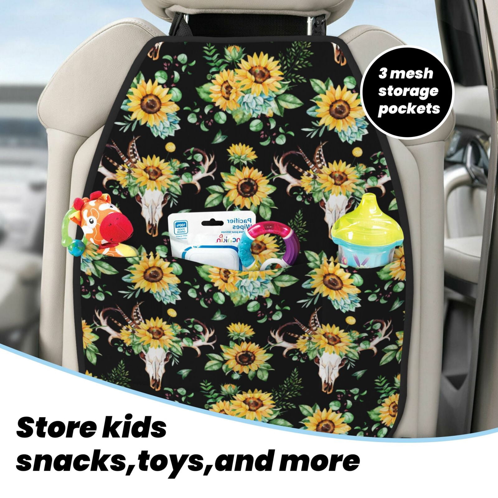 Xecao Sunflower Skull Boho Pattern Car Seat Back Protector 2 Pack Large Capacity Pocket, Kick Mats Back Seat Protector