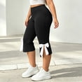thumbnail image 2 of Womens Plus Size Stretchy Leggings Elastic Waist Butt Lifting Side Slit Bow Tie Hem Capri Pants Casual Workout Yoga Pants Black, 2 of 9