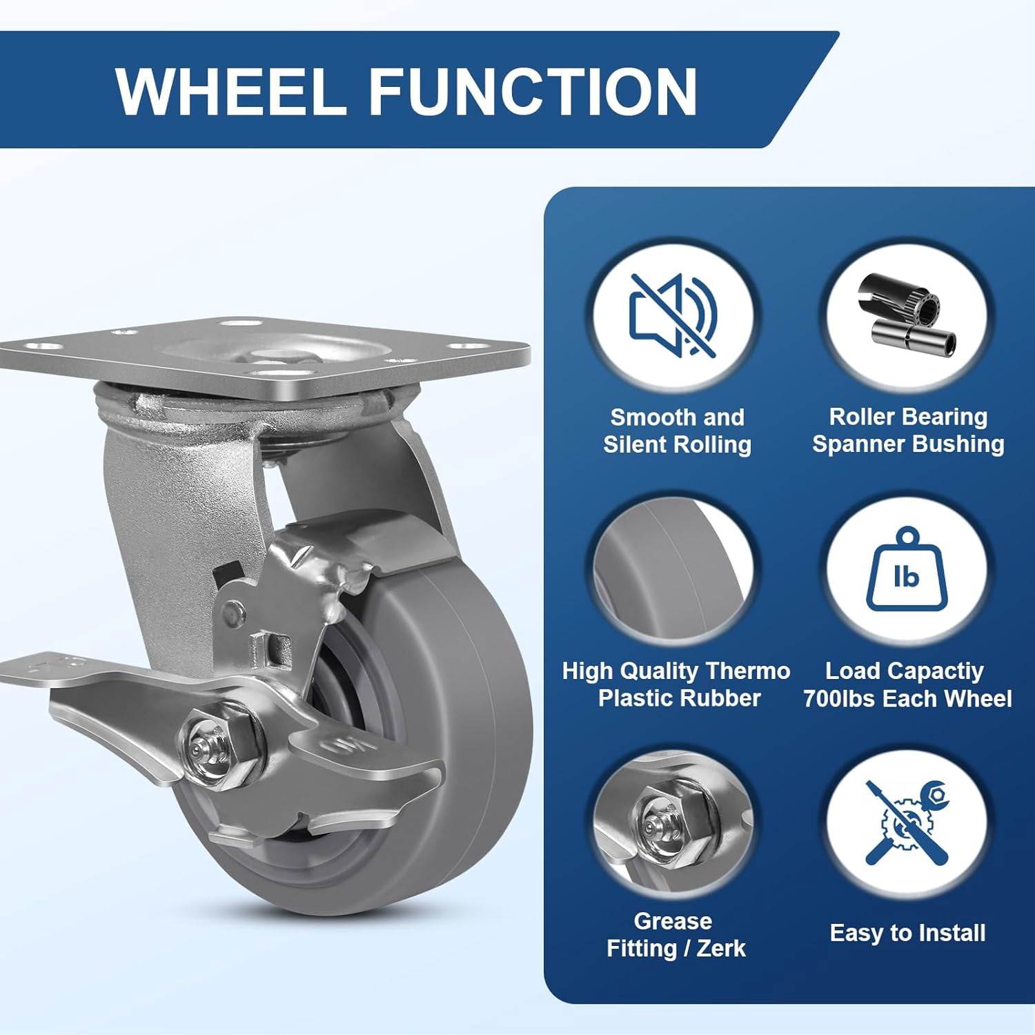 4 Inch Rubber Wheels Heavy Duty Casters with Brake - Industrial Flat Tread Caster Wheels for Utility Carts Dollies Maintenance Equipment