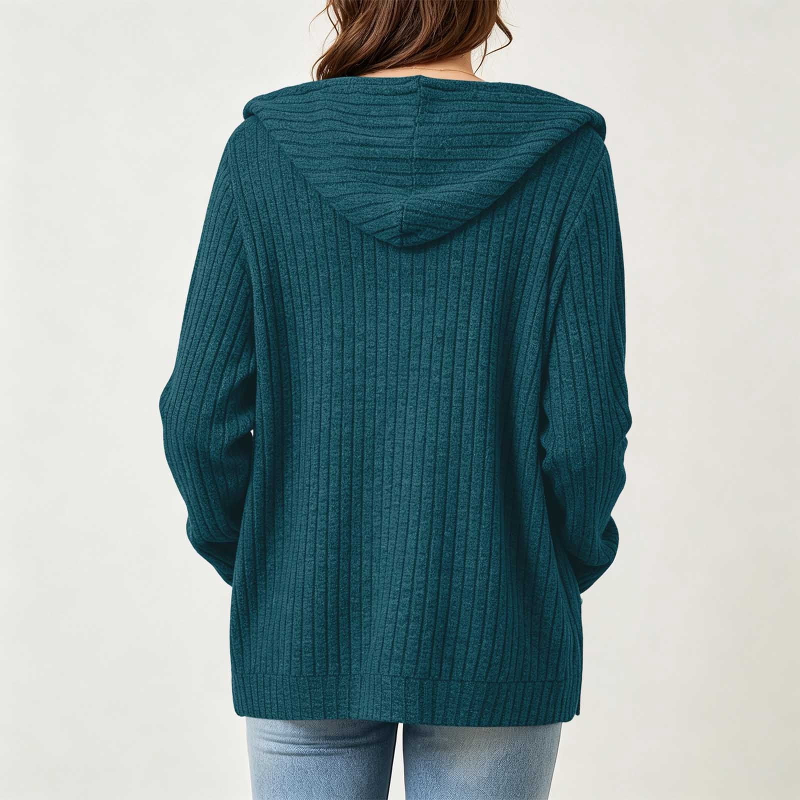 Sweatshirt for Women Open Front Hooded Cardigan Wrinkle-Resistant Ribbed Texture Drawstring Hood Side Pockets for Work Layering Weekend Shopping | TruBelle,Green M