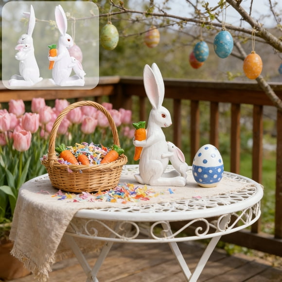 Uscallm 2Pcs Easter Decorations Bunny With Carrot Resin Figurine Home Tabletop Ornament Holiday Spring Decorative Centerpiece