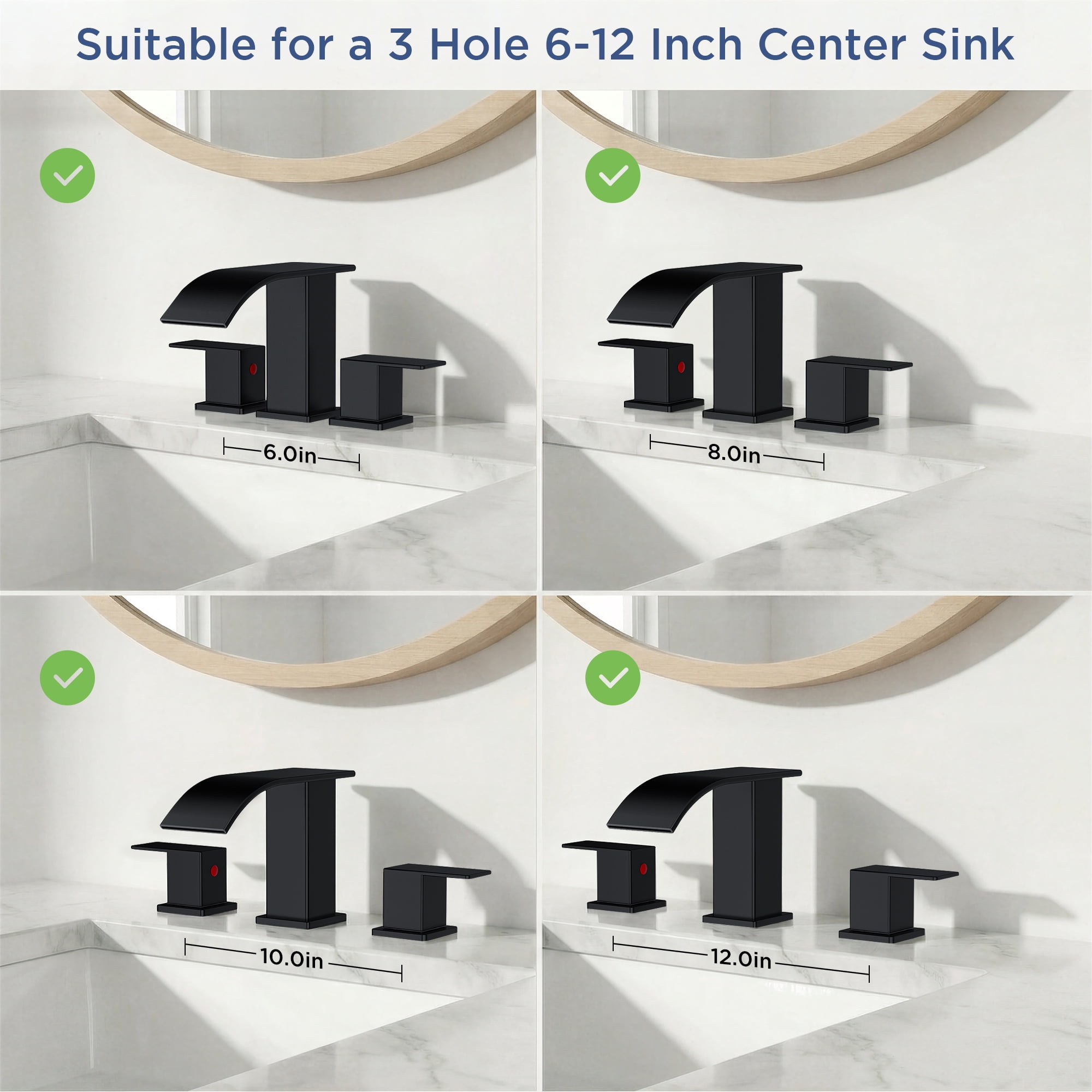 TVOFEK Waterfall Bathroom Faucet 3 Hole, 8 inch Widespread Sink Faucets Matte Black with Metal Pop-up Drain and cUPC Supply Hoses for Vanity Lavatory