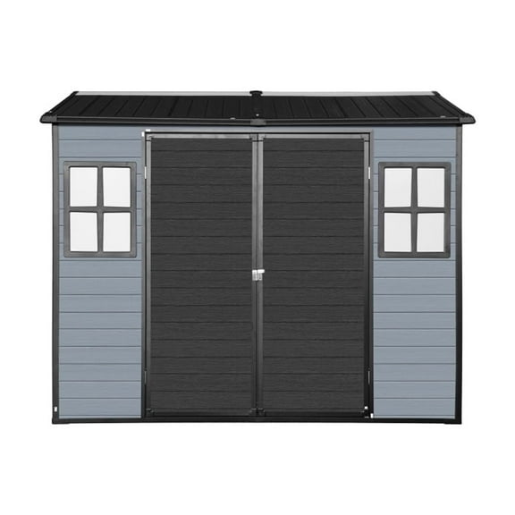 Outdoor 8x4ft Resin Garden Shed with Floor, 2 Windows, and Lockable Door – Plastic Storage Shed for Patio, Garden Tools, Bikes, and Trash Cans
