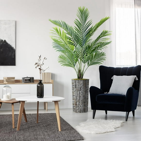 Artificial Tree in Black and Brown Striped Planter, Fake Areca Tropical Palm Silk Tree for Indoor and Outdoor Home Decoration - 66" Overall Tall (Plant Plus Tree)