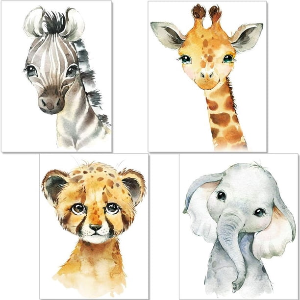 Set de 4 carteles decoración para habitación infantil - carteles bebé niño o niña - animales safari selva - decoración pared imagen jirafa elefante cebra tigre,15x20cm JAMW Sencillez