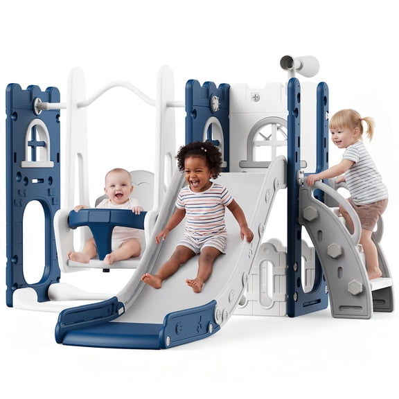Toddler Slide and Swing Set 9-in-1 HDPE Freestanding Indoor Outdoor Playground with Climbing and Baby Swing, Playset for Backyard Garden Blue Gray or Orange Green