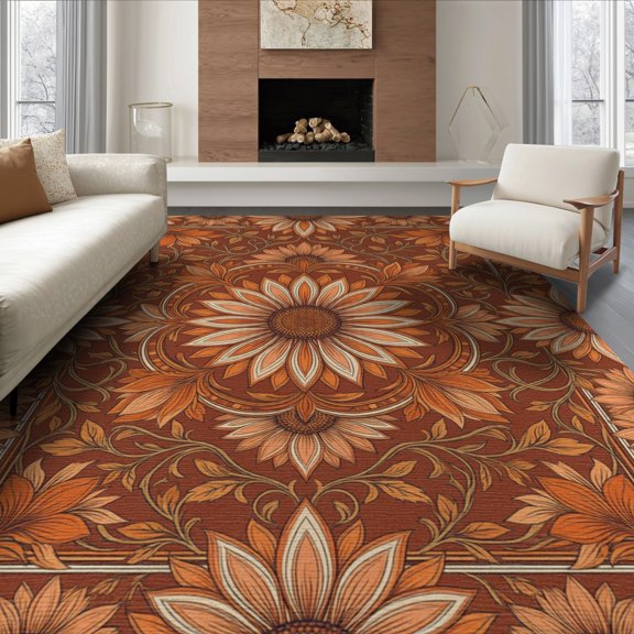 ODIKA 8'x10' Washable Area Rug Vinyl Palette Orange Botanical Repeating Peach Bedside Sunflower for Dining Room, Large Office, Lounge, Non-Slip Chair-Friendly Mat