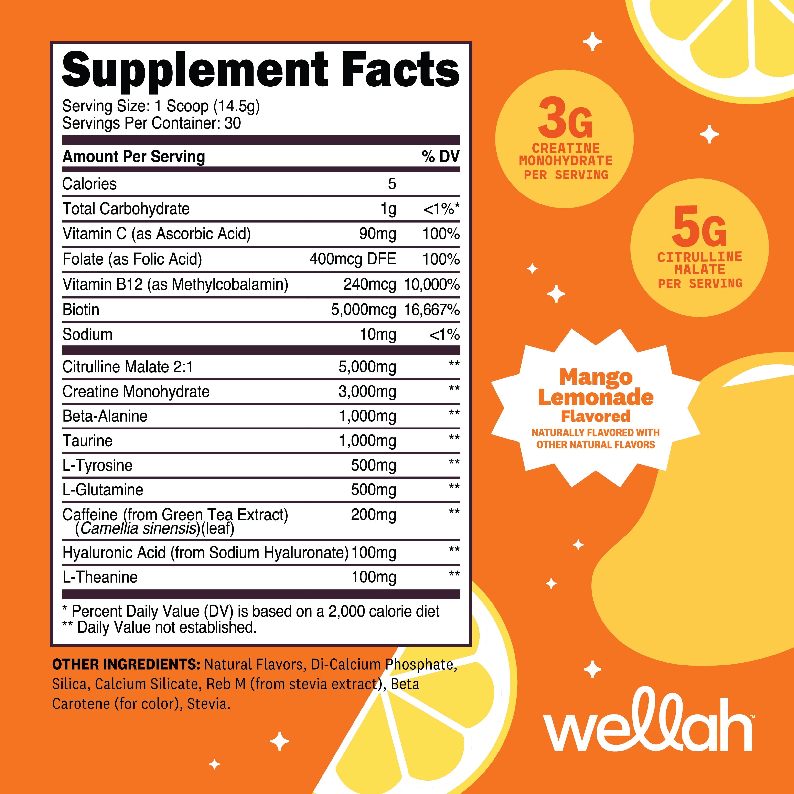 Wellah Pre-Workout + Creatine Powder (30 Servings) Mango Lemonade - 200mg Caffeine, 3g Creatine Monohydrate, 5g Citrulline Malate, Pre-Workout with Creatine Supplement