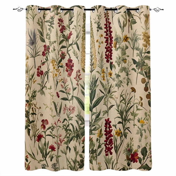 Rustic Botanical Blackout Curtains 45 Inches Long for Bedroom, Vintage Floral Wildflower Thermal Insulated Room Darkening Black Out Window Curtain Panels Grommet Drapes for Living Room