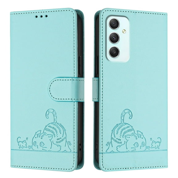 Phone Case for Samsung Galaxy A35 5G Wallet Case Cat Pattern PU Leather Case with [RFID Blocking] Card Slots Kickstand Shockproof Magnetic Flip Cover, Mint