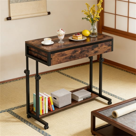 Portable Desk with Drawers, Mobile Laptop Desk with Wheels, Sofa Side Table Small Portable Standing Rolling Table for Home Office