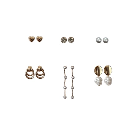 Time and Tru Women's Gold Plating Heart and Pearl Earrings on Ornament Shaped Card, 6 Pack