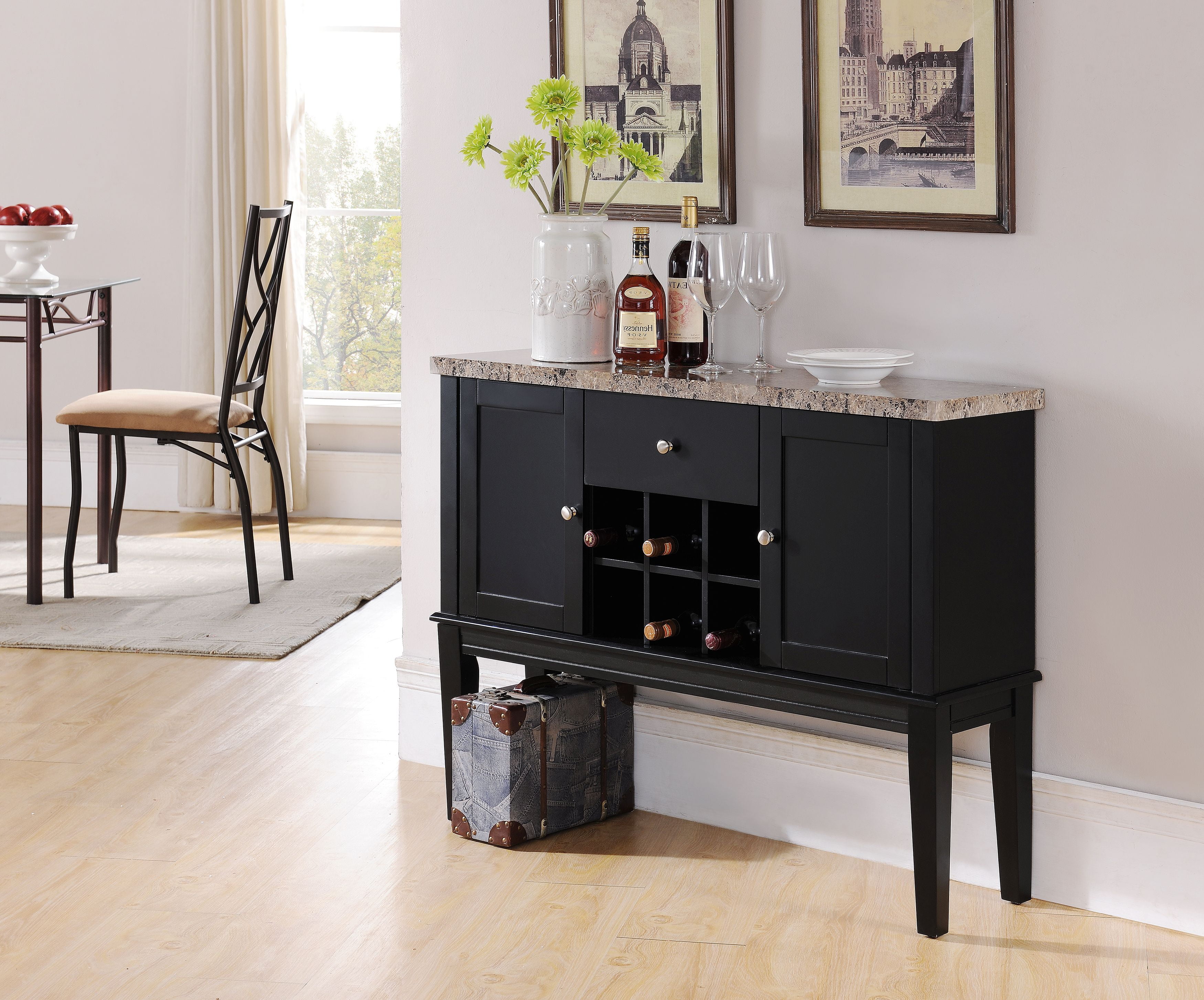 Everett Black & Marble Wood Contemporary Wine Rack Buffet Display
