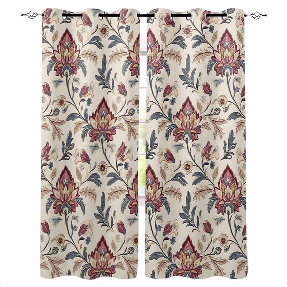 Boho Red Floral Blackout Curtains 84 Inches Long for Bedroom, Farmhouse Rustic Flower Leaf Plant Thermal Insulated Room Darkening Black Out Window Curtain Panels Grommet Drapes for Living Room