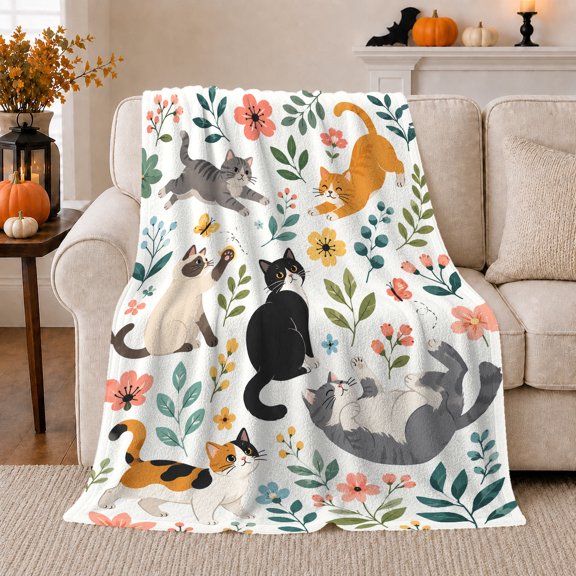 Playful Cats Botanical Flora, Playful Pet Portrait Pattern, Warm Flannel Blanket for Living Room and Bedroom, Cat Lovers Valentine's Day Gift, Pet Lover Home Decor