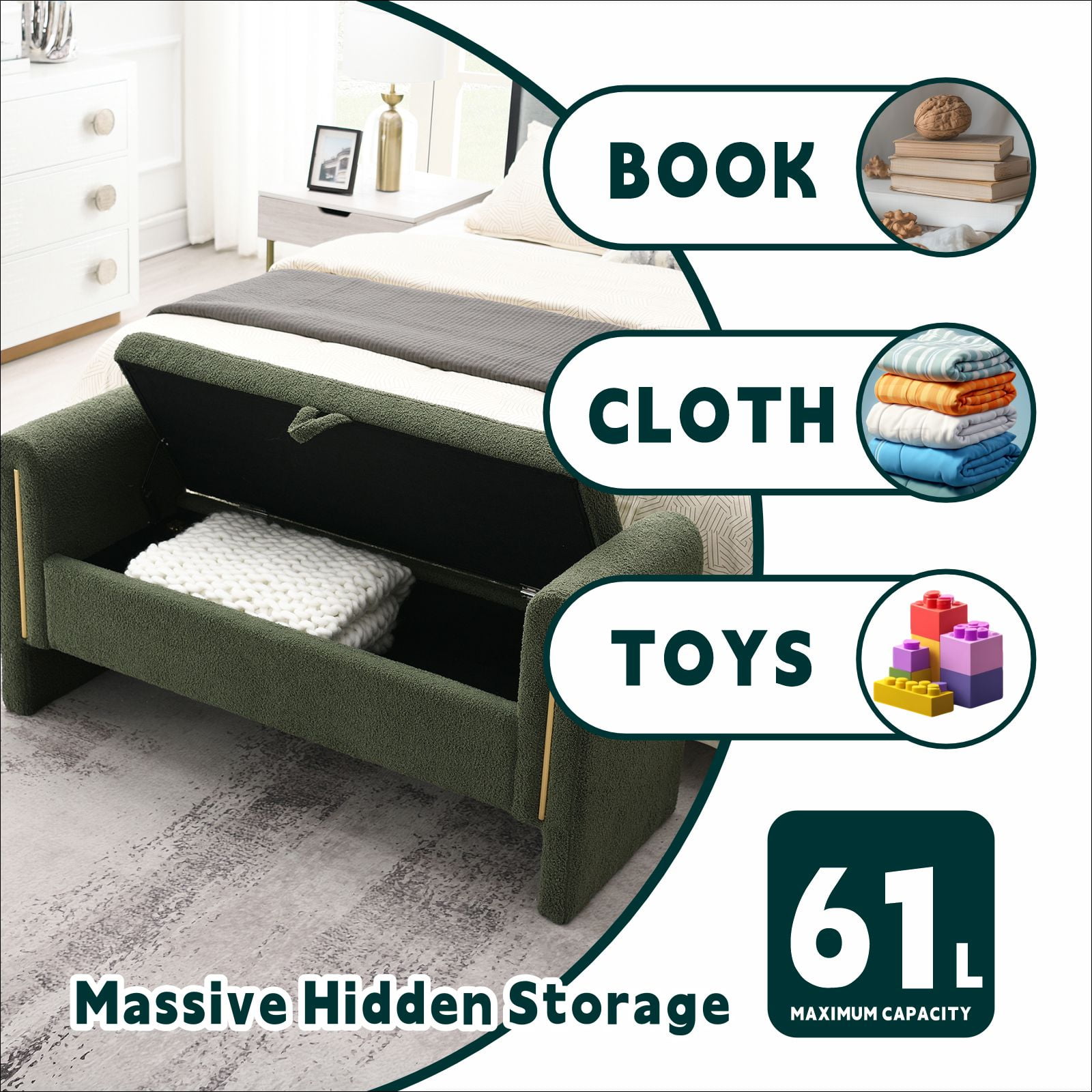 QianYueLUX 52" Storage Ottoman Bench with Armrests, Green Teddy Fabric, 250lbs Capacity, Multi-Functional Footrest for Bedroom & Entryway