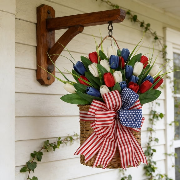 4th of July Patriotic Faux Floral Wreath, Full Faux Flower Red White Blue USA Flag Hanging, Waterproof UV-Resistant Handmade, for Outdoor Patio Party Yard Independence Day Decor