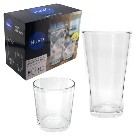 Set de 16 Vasos de Vidrio Grueso Transparente, Nuvó, Capacidad 350ml y 480ml con Caja de Regalo