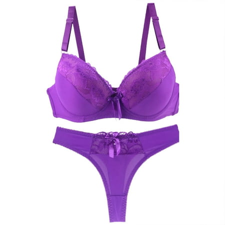Chuancc Bra and Panty Set Womens Thong Underwear Women s Underwire Lace Bras Pu Sh Up Bra And Sexy Bikini Pan Sets Bikini Sets for Women Purple 85B Clearance