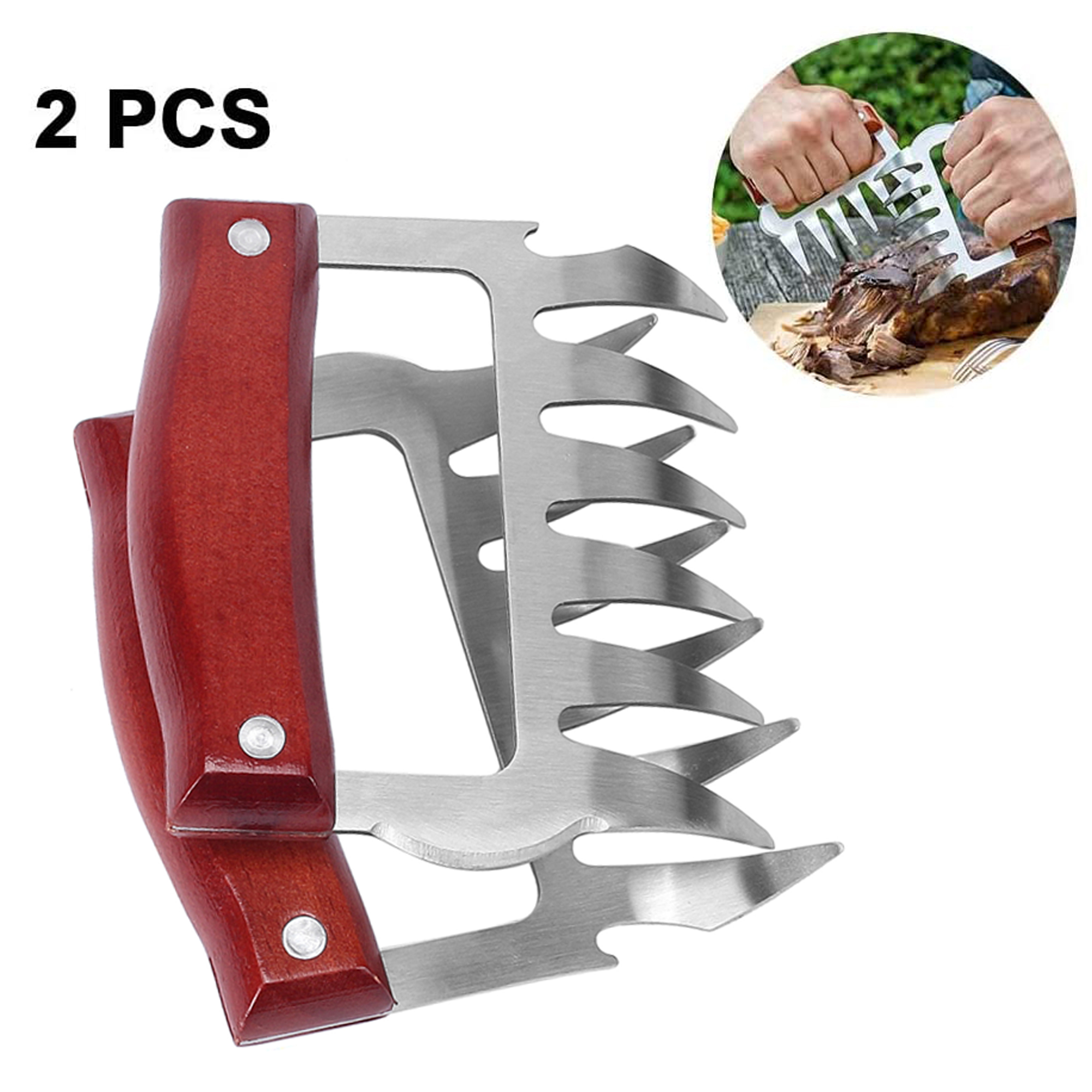 BOHK Meat Handler Shredder Claws Set of 2 Wood Stainless Steel BBQ Pulled Pork Paws for