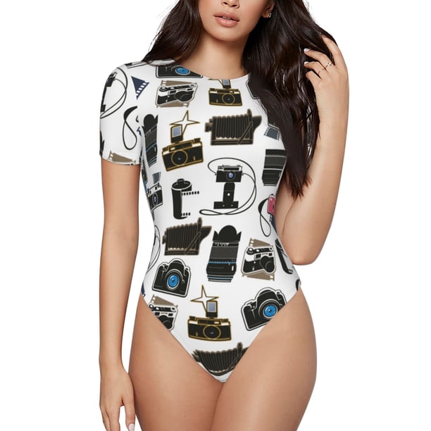 Balery Cool Camera Body de cuello redondo de manga corta para mujer Tops de manga corta Tops básicos-Small