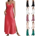 thumbnail image 2 of Bosfbaoi Nightgowns For Women Solid Color Satin Spaghetti Strap Nightgown Deep V-Neck Side Slit Maxi Sleep Dress, 2 of 8