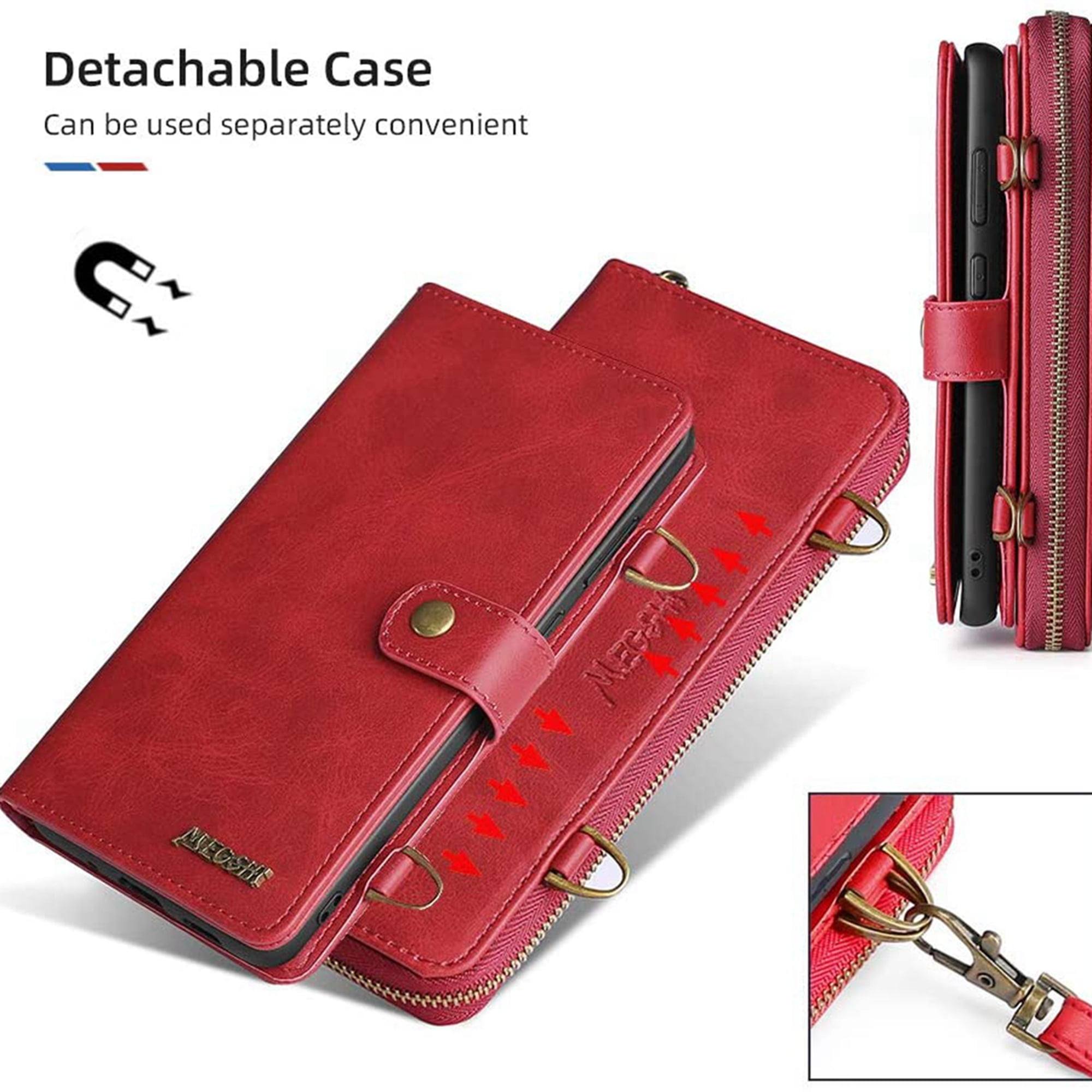 Dteck Wallet Case for iPhone 12 Pro / iPhone 12 6.1-inch, 2 in 1 Magnetic Detachable Wallet Purse [Crossbody Chain] Durable PU Leather Zipper Handbag Folio Flip Card Slot Protection Back Cover, Red