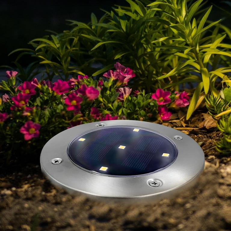 Mainstays Solar Powered Stainless Steel LED Landscape Walkway Disc Lights,  12 Lumens (4 Count) 