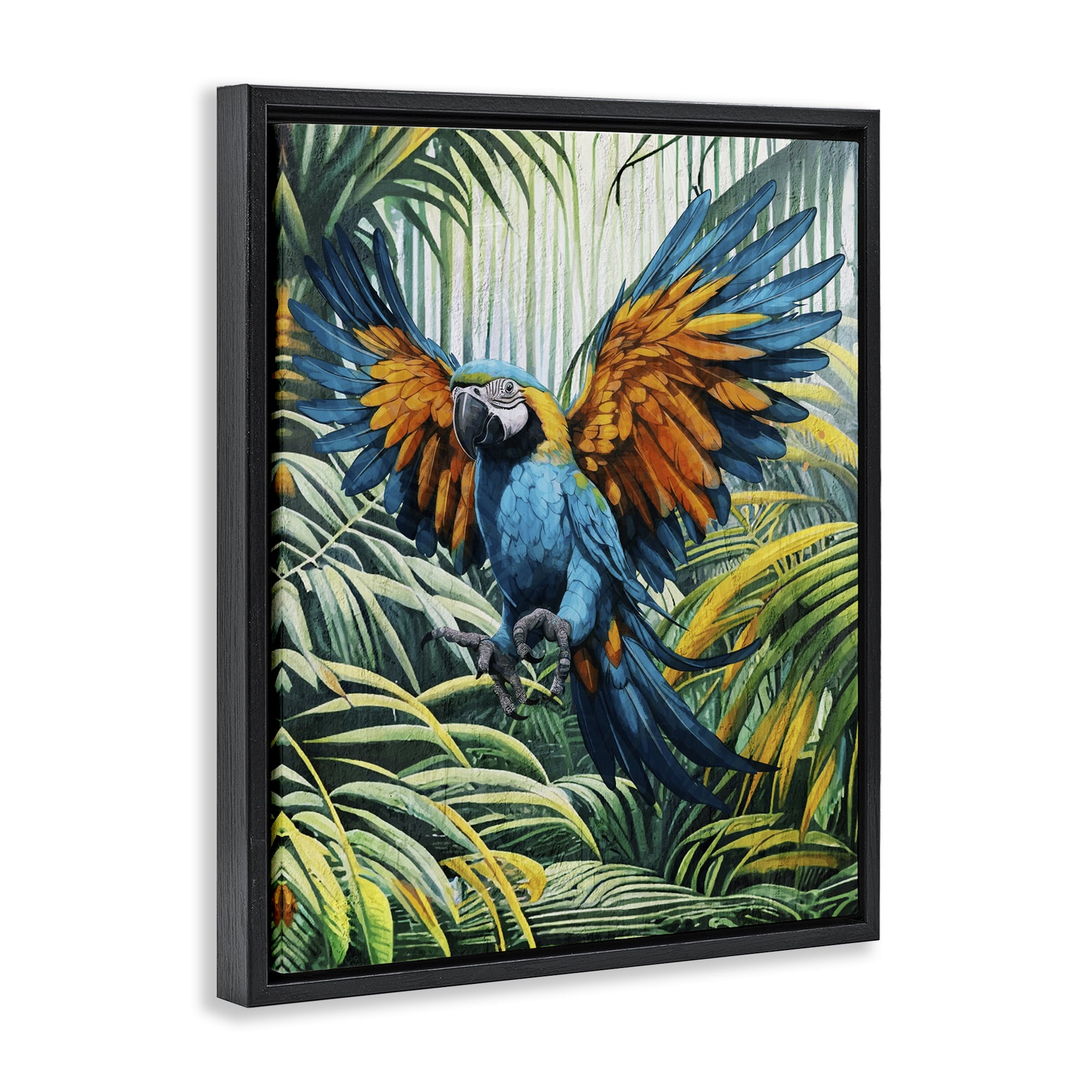 Stupell Industries Parrot in Flight Animals Painting Black Floater Framed Canvas Art Print Wall Art, 25 x 31
