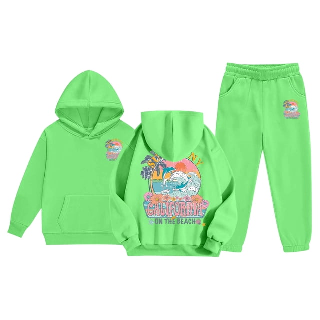 Aocisk Girls Unisex Hooded Tracksuit Set Two Piece Outfits Sweatshirt and Sweatpants for Kids Green 6-7 Years