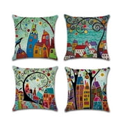 Set of 4 Pillow Covers 18x18, Colorful Village Pattern Design Cotton Linen Fabric Floral Trees, Homes, Decorative Indoor / Outdoor Throw Pillow Case Set 45x45cm