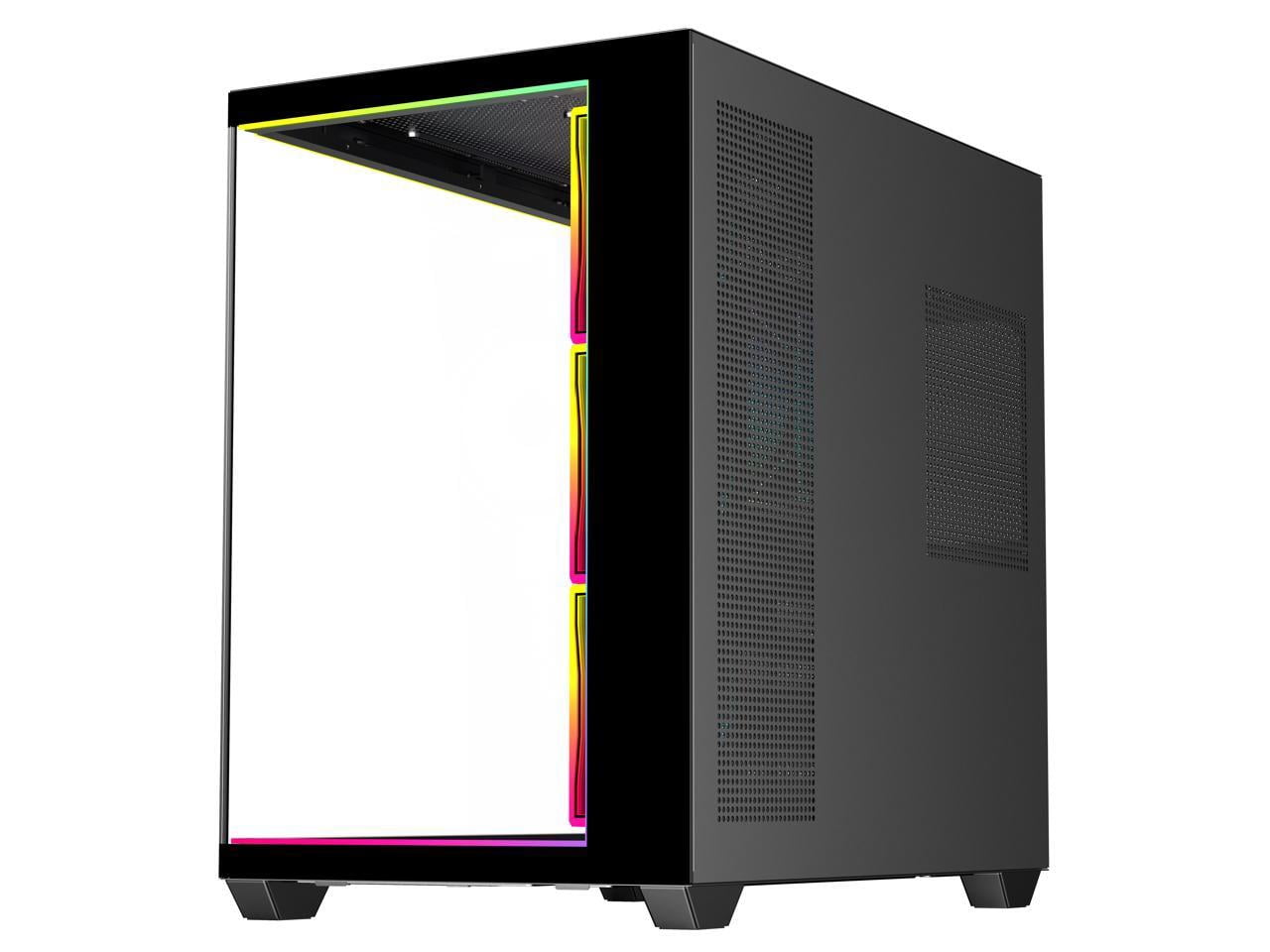 DIYPC IDX3-ATX-ARGB Black Dual USB3.0/ Type C Tempered Glass ATX Gaming Computer Case w/ Dual Tempered Glass Panel and 4 x ARGB PWM Fans (Pre-Installed). Integrated ARGB Light Strip.