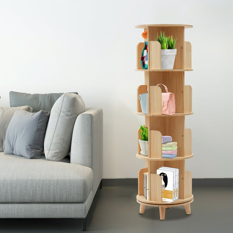 Freestanding Rotating Bookshelf Cylindrical Holder 4-Tier Pine Wood Storage  Rack